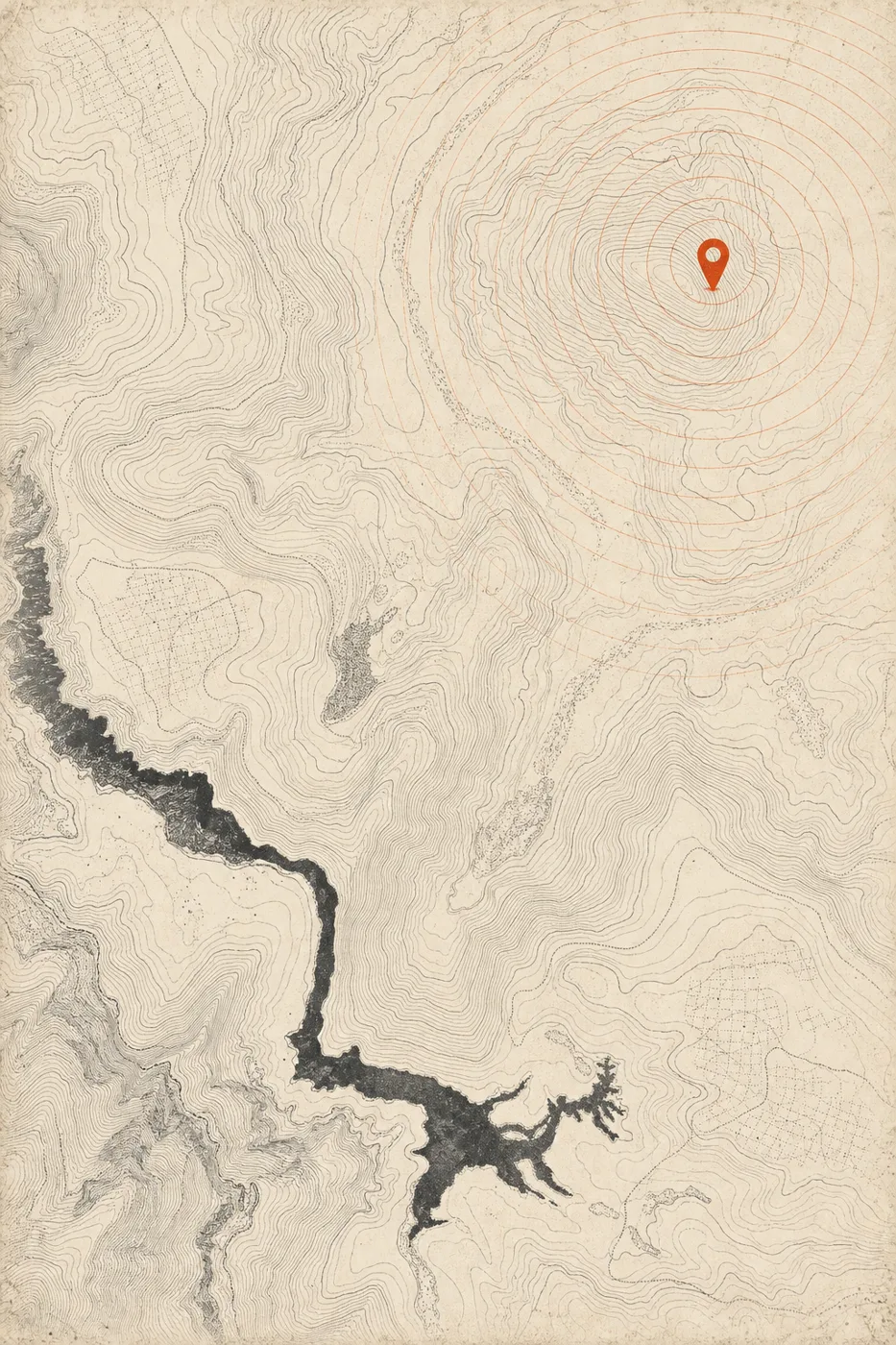 Ilustración de un mapa topográfico con un solo marcador de ubicación que emite ondas de señal